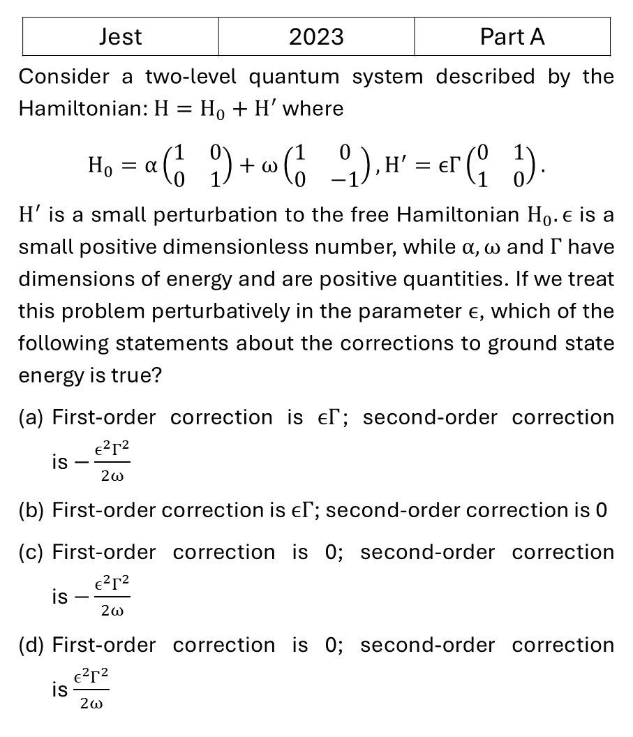 JEST 2023 Pertubation theory previous year question JEST_2023_Q20