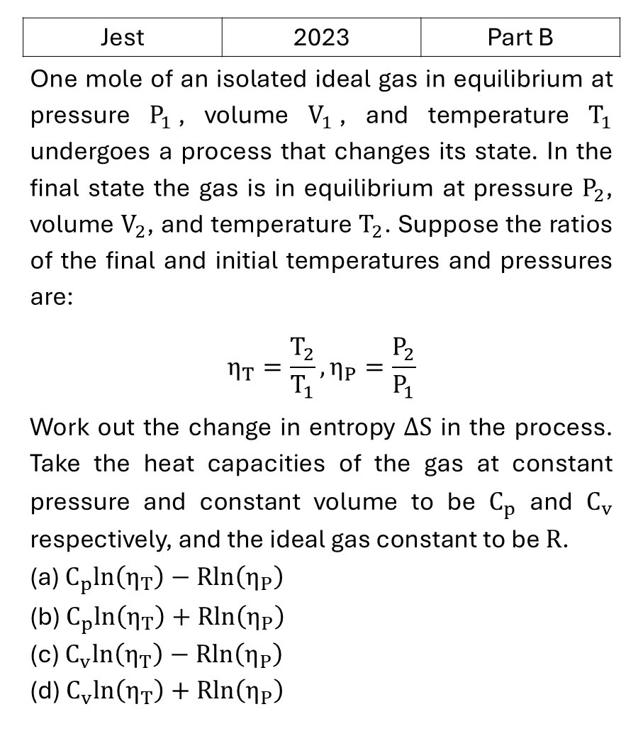 JEST 2023 Laws of thermodynamics previous year question JEST_2023_Q30