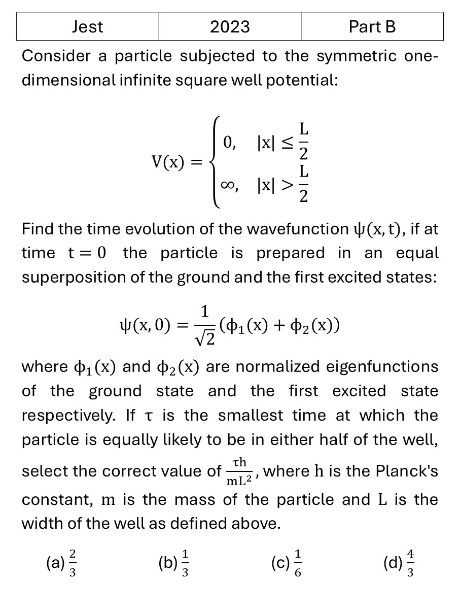 JEST 2023 Basic Quantum Mechanics previous year question JEST_2023_Q43