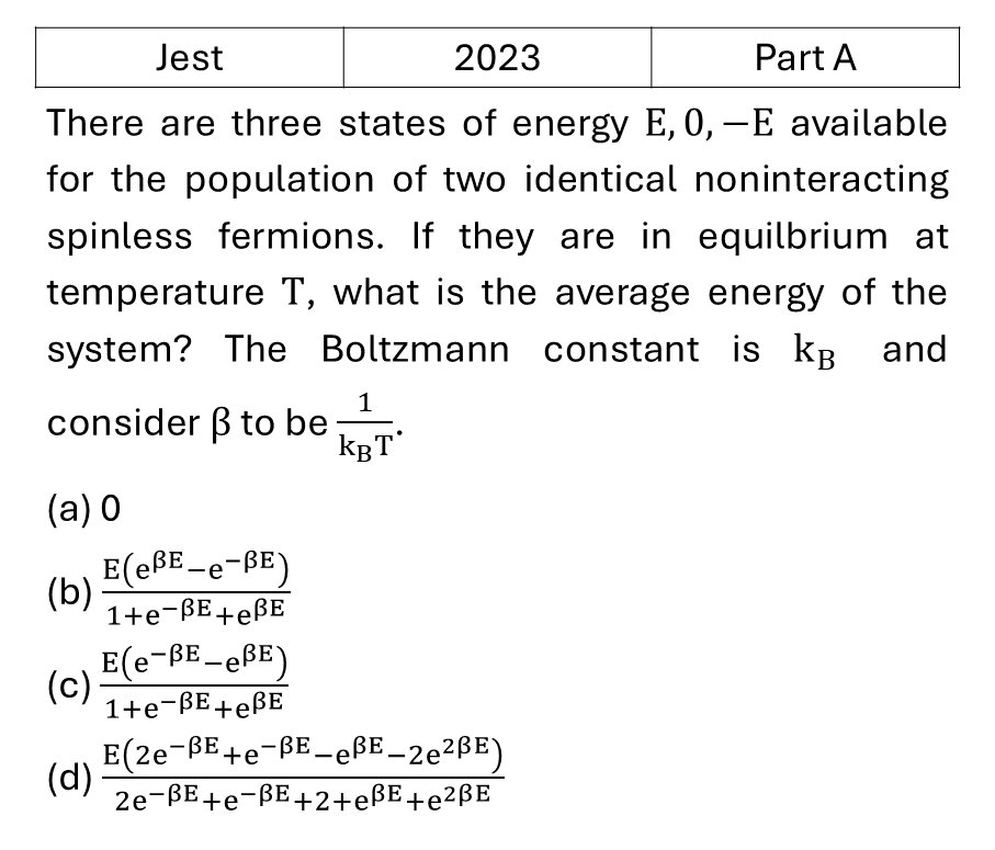 JEST 2023 Canonical Ensemble previous year question JEST_2023_Q6