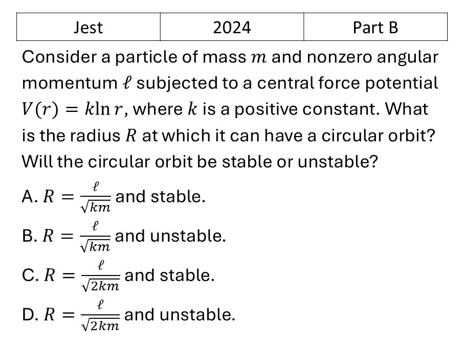 JEST 2024 Central Force and Gravitation previous year question JEST_2024_Q30