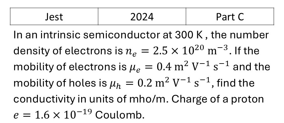 JEST 2024 Semiconductor Physics previous year question JEST_2024_Q49