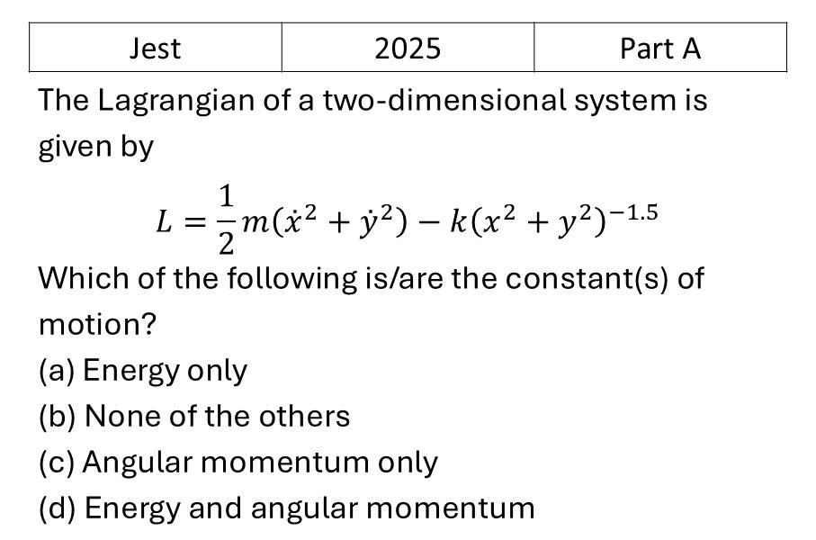 JEST 2025 Lagrangian and Hamiltonian previous year question JEST_2025_Q20