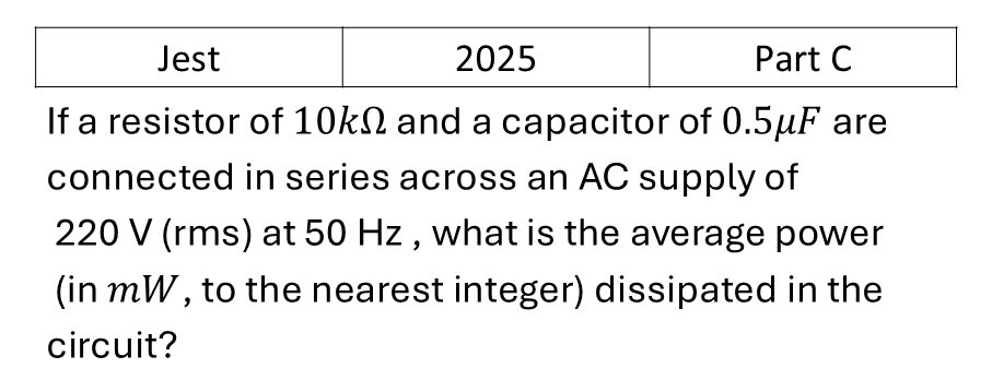JEST 2025 AC Circuits previous year question JEST_2025_Q42