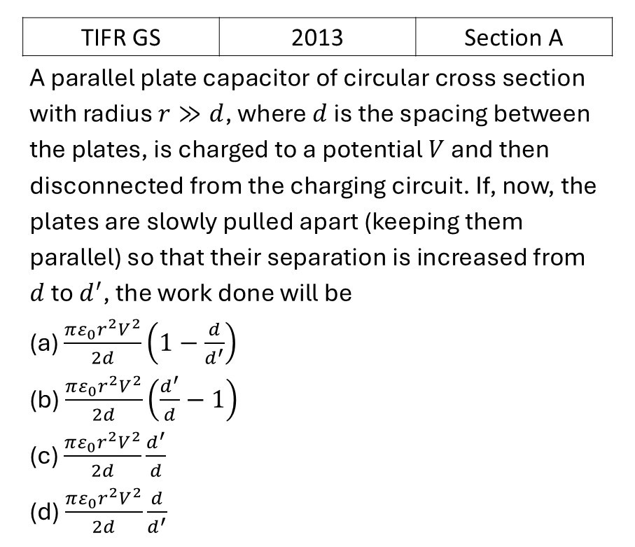 TIFR 2013 A Electrostatics previous year question TIFR_2013_A_Q9