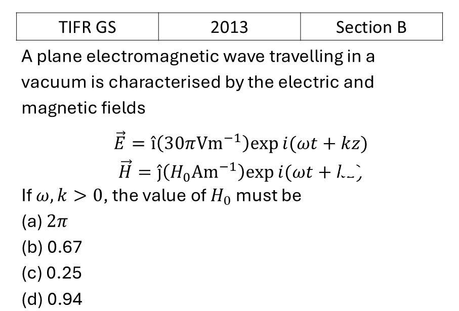 TIFR 2013 B EM Waves previous year question TIFR_2013_B_Q6