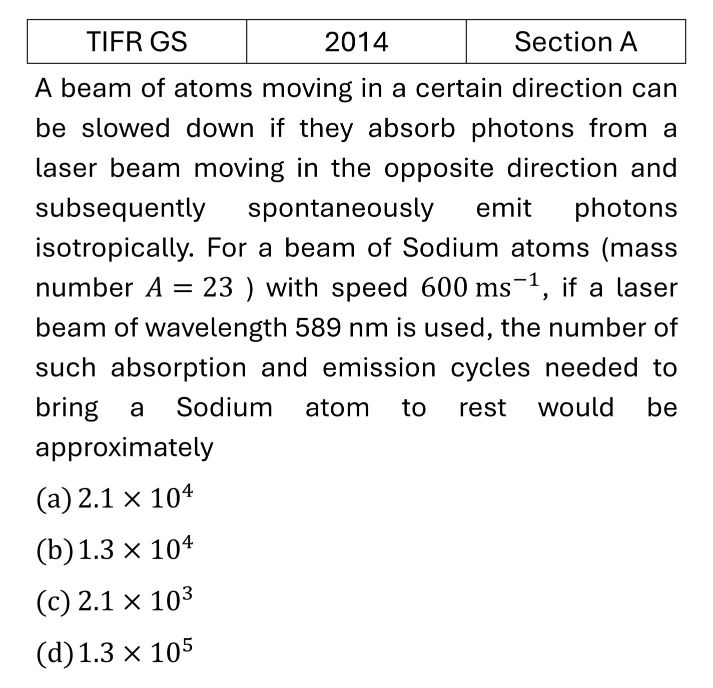TIFR 2014 A Light Matter interaction previous year question TIFR_2014_A_Q20