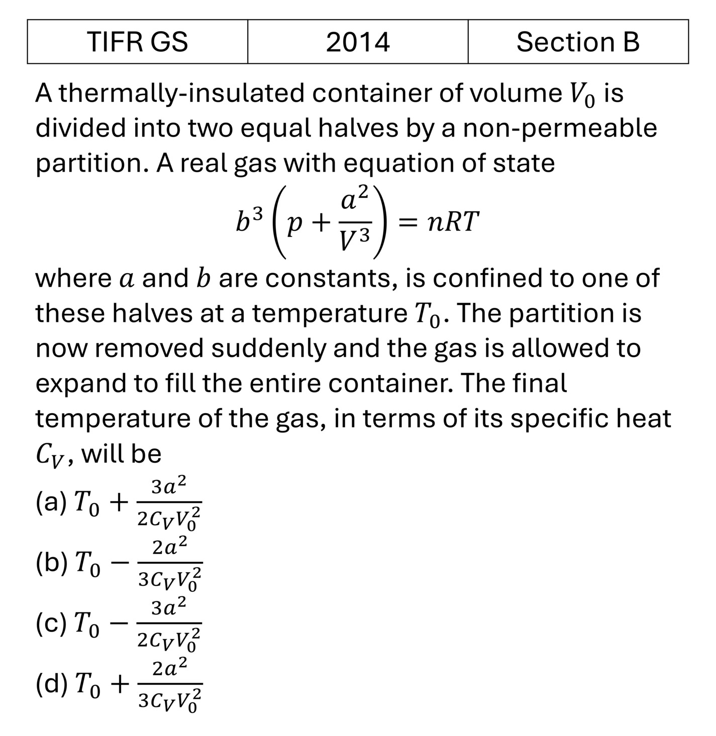 TIFR 2014 B Laws of thermodynamics previous year question TIFR_2014_B_Q33