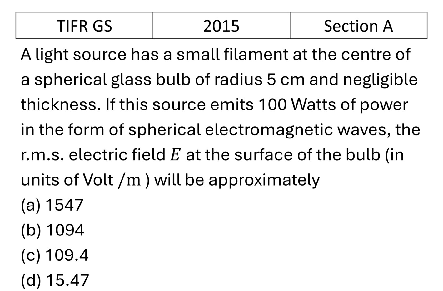 TIFR 2015 A EM Waves previous year question TIFR_2015_A_Q15