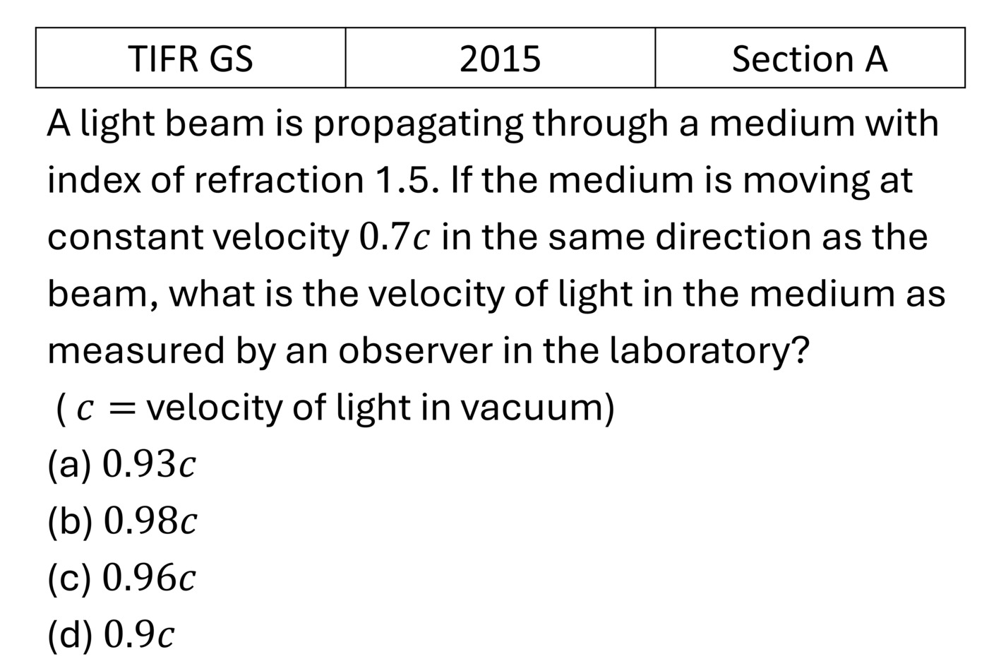 TIFR 2015 A Special theory of relativity previous year question TIFR_2015_A_Q9