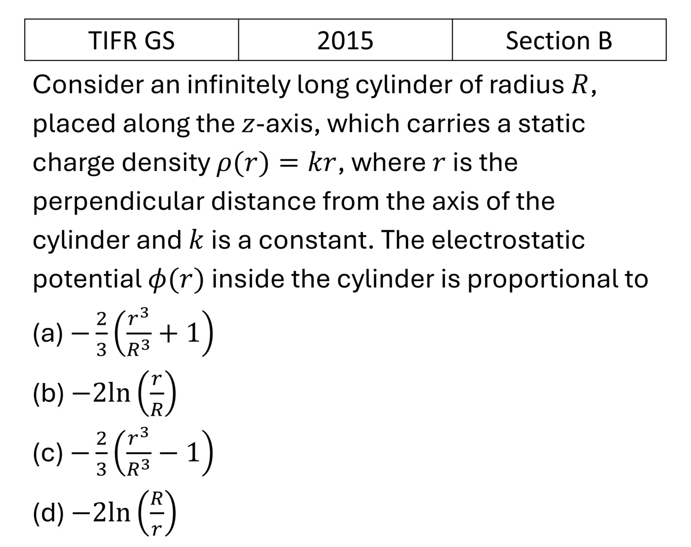 TIFR 2015 B Electrostatics previous year question TIFR_2015_B_Q8