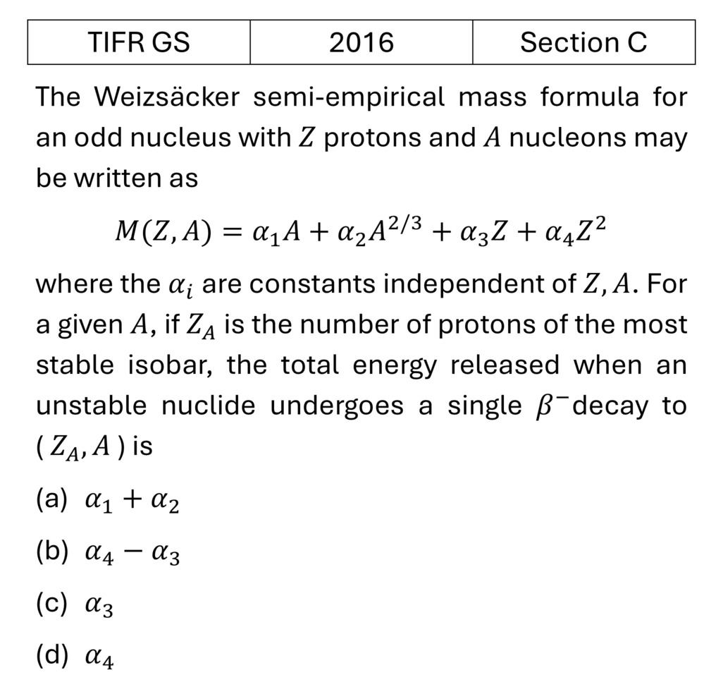 TIFR 2016 C Liquid Drop Model previous year question TIFR_2016_C_Q7