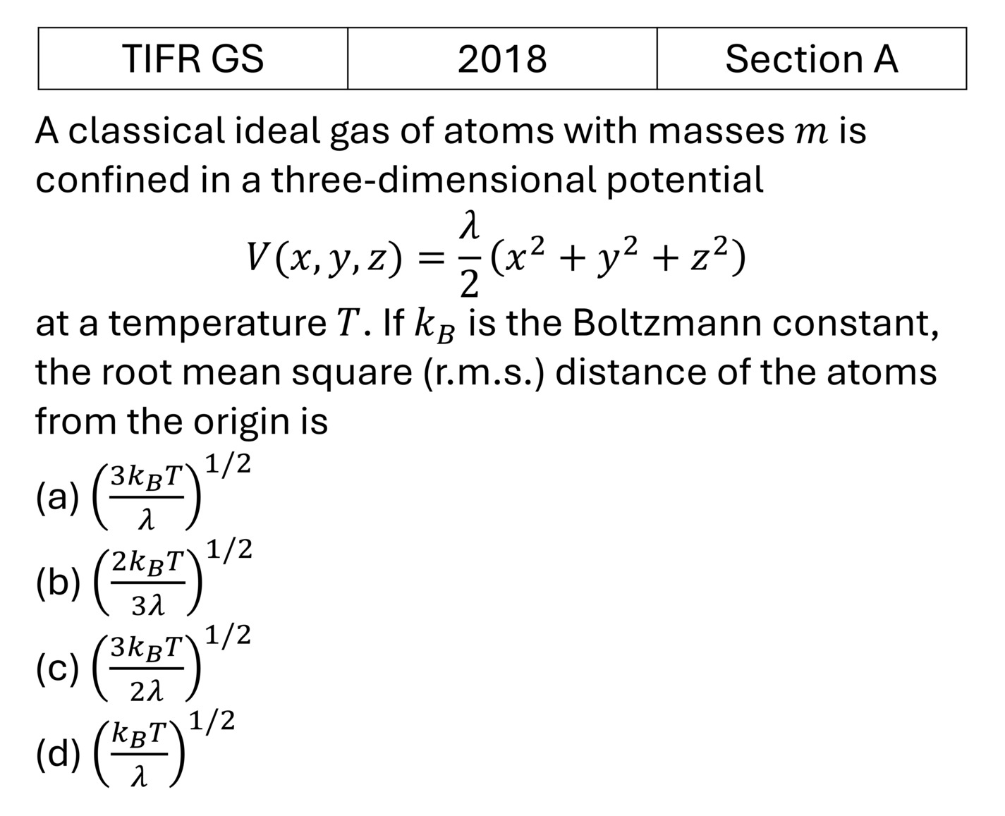 TIFR 2018 A Kinetic theory of gases previous year question TIFR_2018_A_Q7