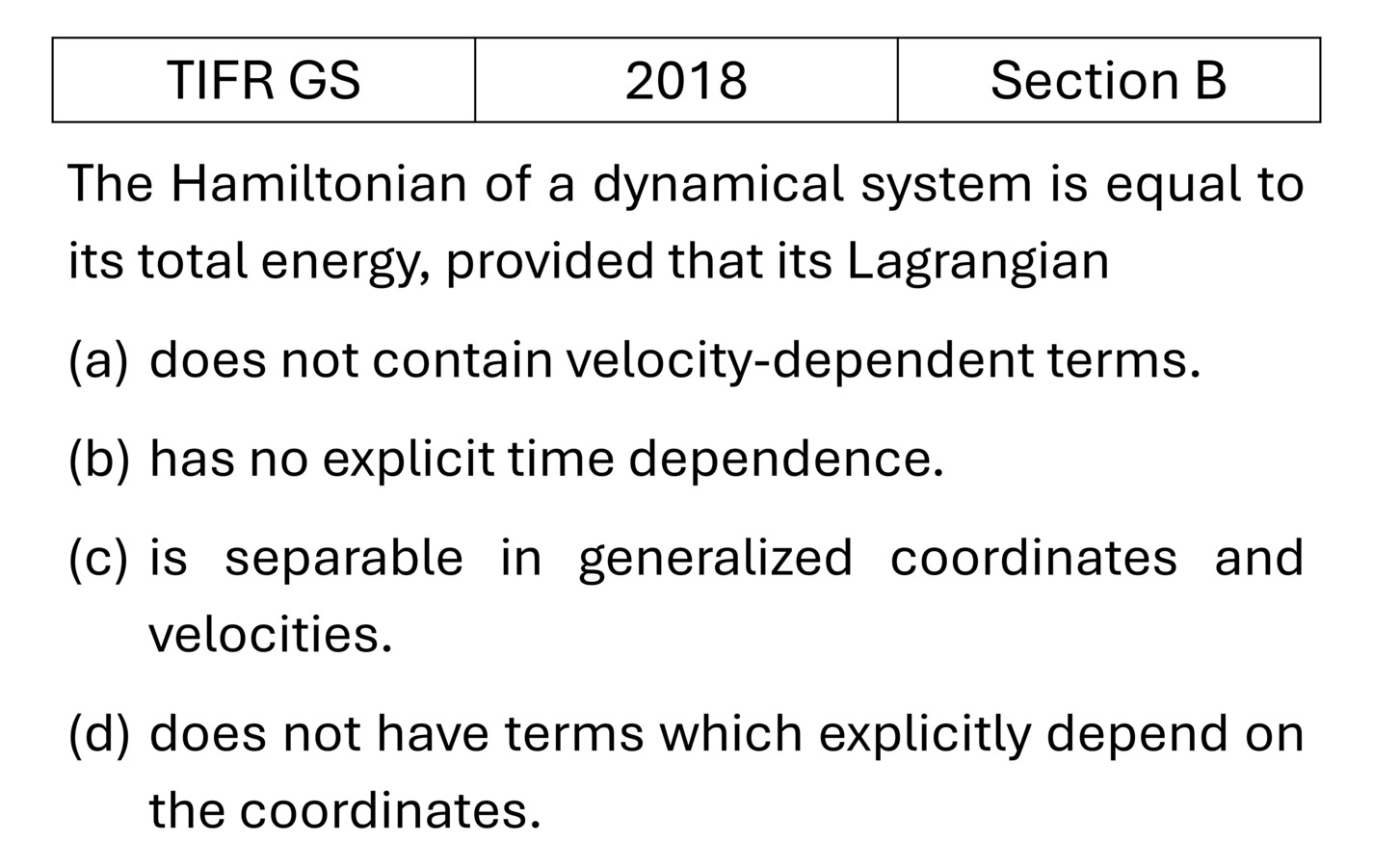 TIFR 2018 B Lagrangian and Hamiltonian previous year question TIFR_2018_B_Q23