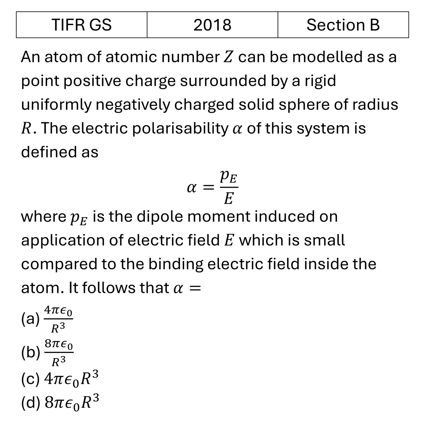 TIFR 2018 B Electric field in matter previous year question TIFR_2018_B_Q26