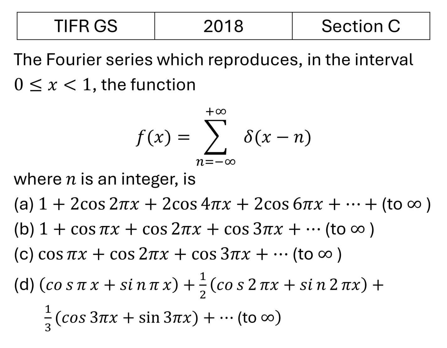 TIFR 2018 C Fourier and Laplace Analysis previous year question TIFR_2018_C_Q31