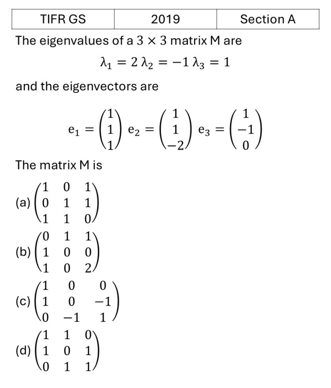TIFR 2019 A Matrices previous year question TIFR_2019_A_Q2