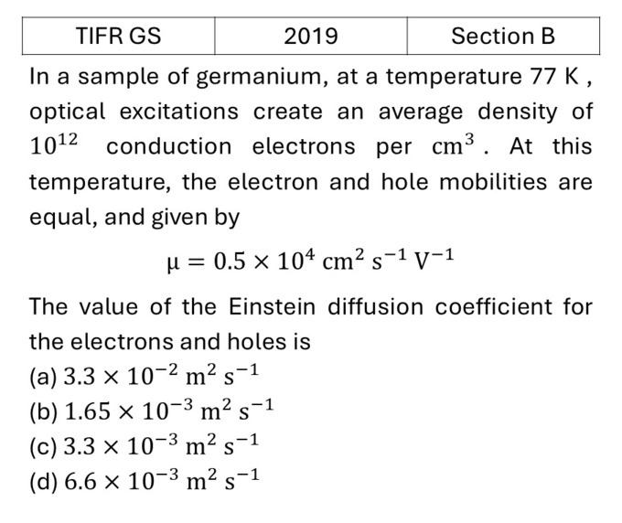 TIFR 2019 B Semiconductor Physics previous year question TIFR_2019_B_Q14