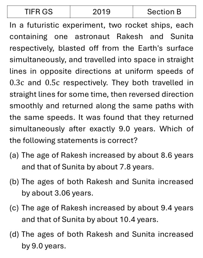 TIFR 2019 B Special theory of relativity previous year question TIFR_2019_B_Q5