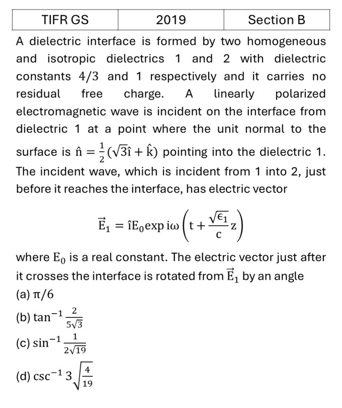 TIFR 2019 B EM Waves previous year question TIFR_2019_B_Q7