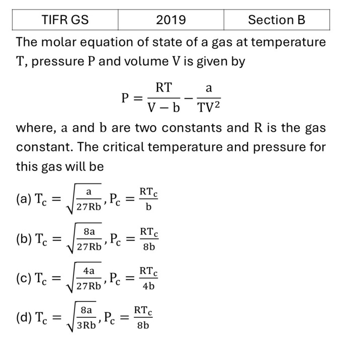 TIFR 2019 B Laws of thermodynamics previous year question TIFR_2019_B_Q9