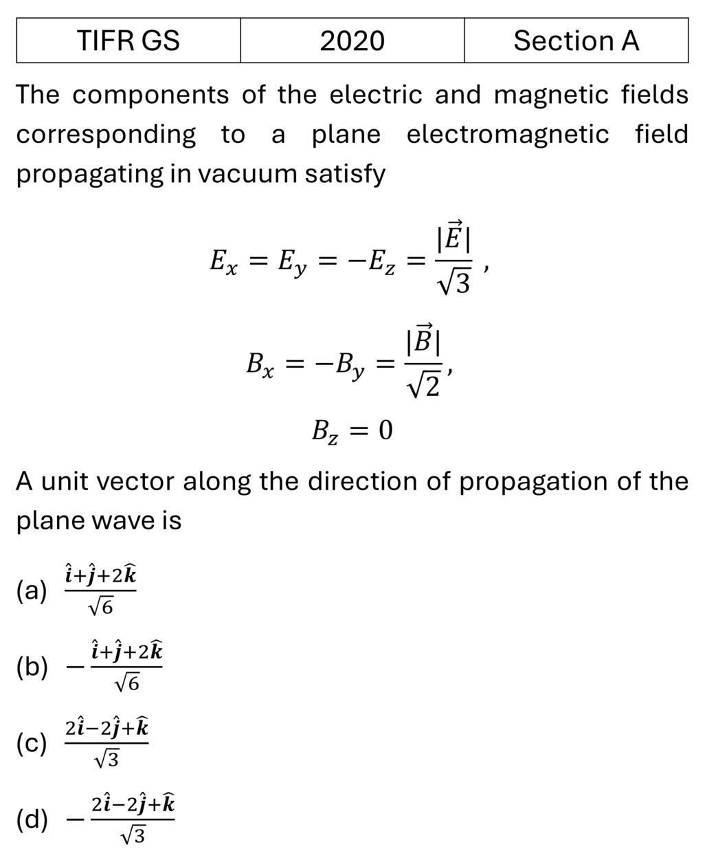 TIFR 2020 A EM Waves previous year question TIFR_2020_A_Q13
