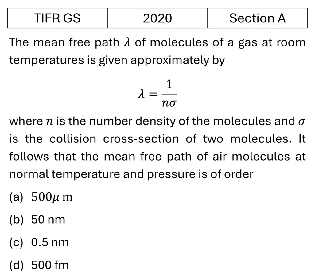 TIFR 2020 A Kinetic theory of gases previous year question TIFR_2020_A_Q16