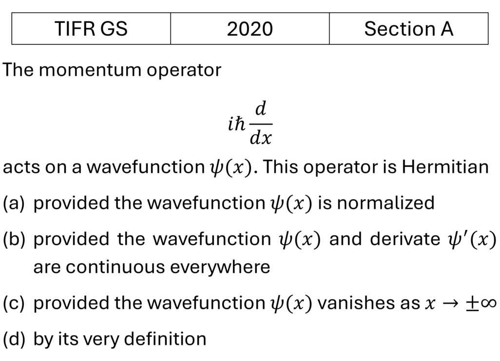 TIFR 2020 A Basic Quantum Mechanics previous year question TIFR_2020_A_Q21