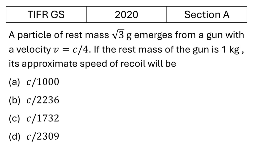 TIFR 2020 A Special theory of relativity previous year question TIFR_2020_A_Q9