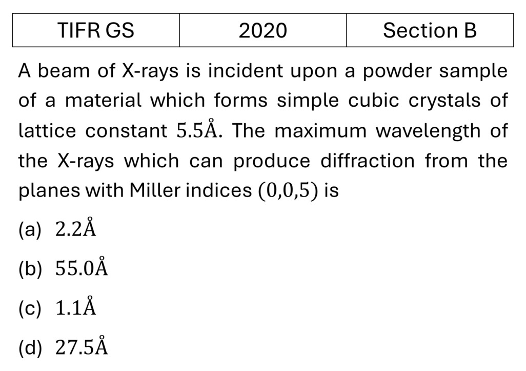 TIFR 2020 B Xray diffraction previous year question TIFR_2020_B_Q12