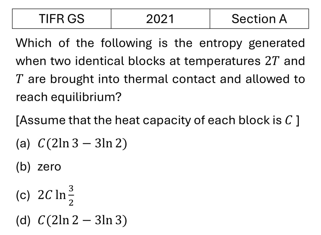 TIFR 2021 A Laws of thermodynamics previous year question TIFR_2021_A_Q16