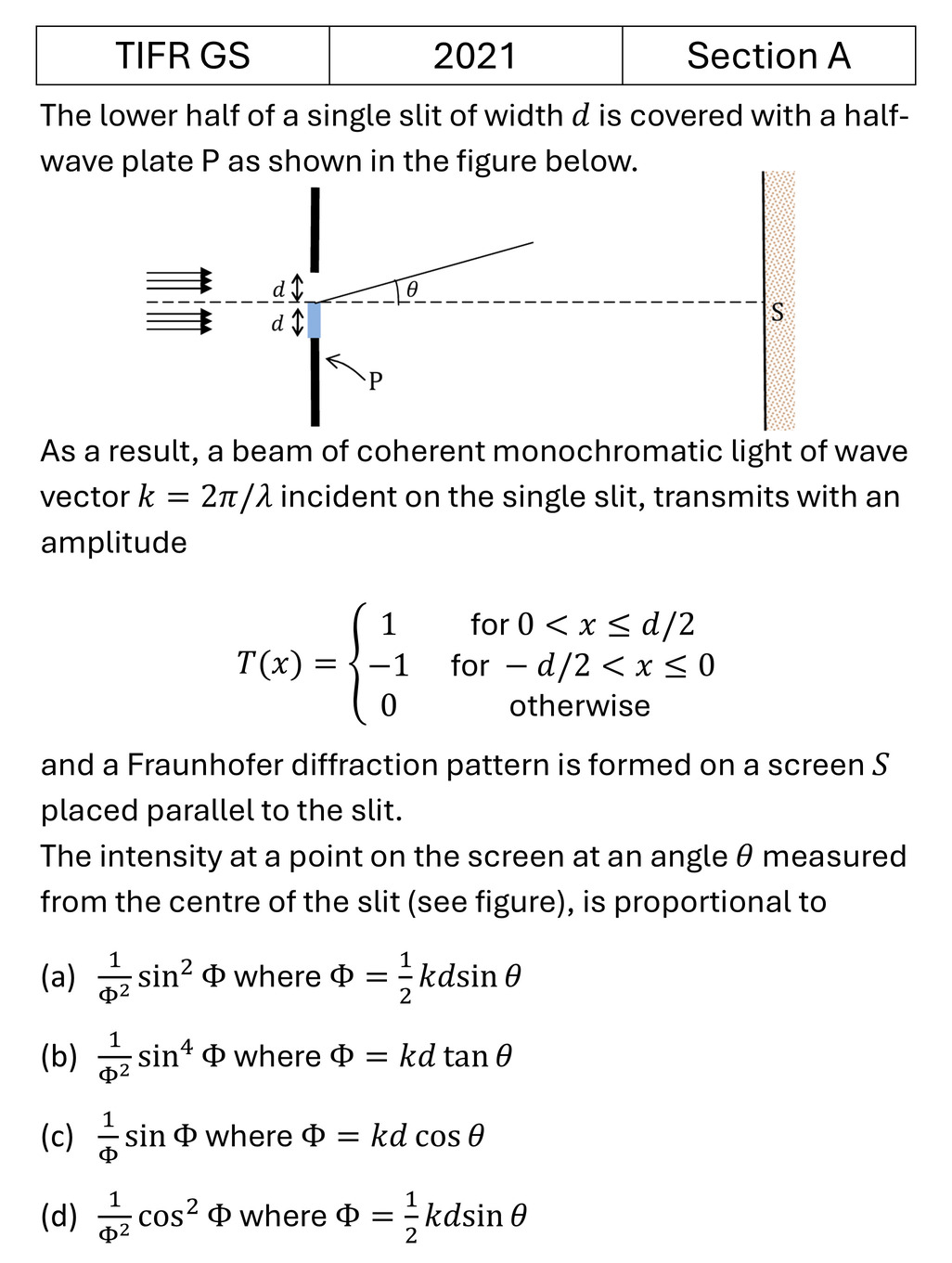 TIFR 2021 A Diffraction previous year question TIFR_2021_A_Q18