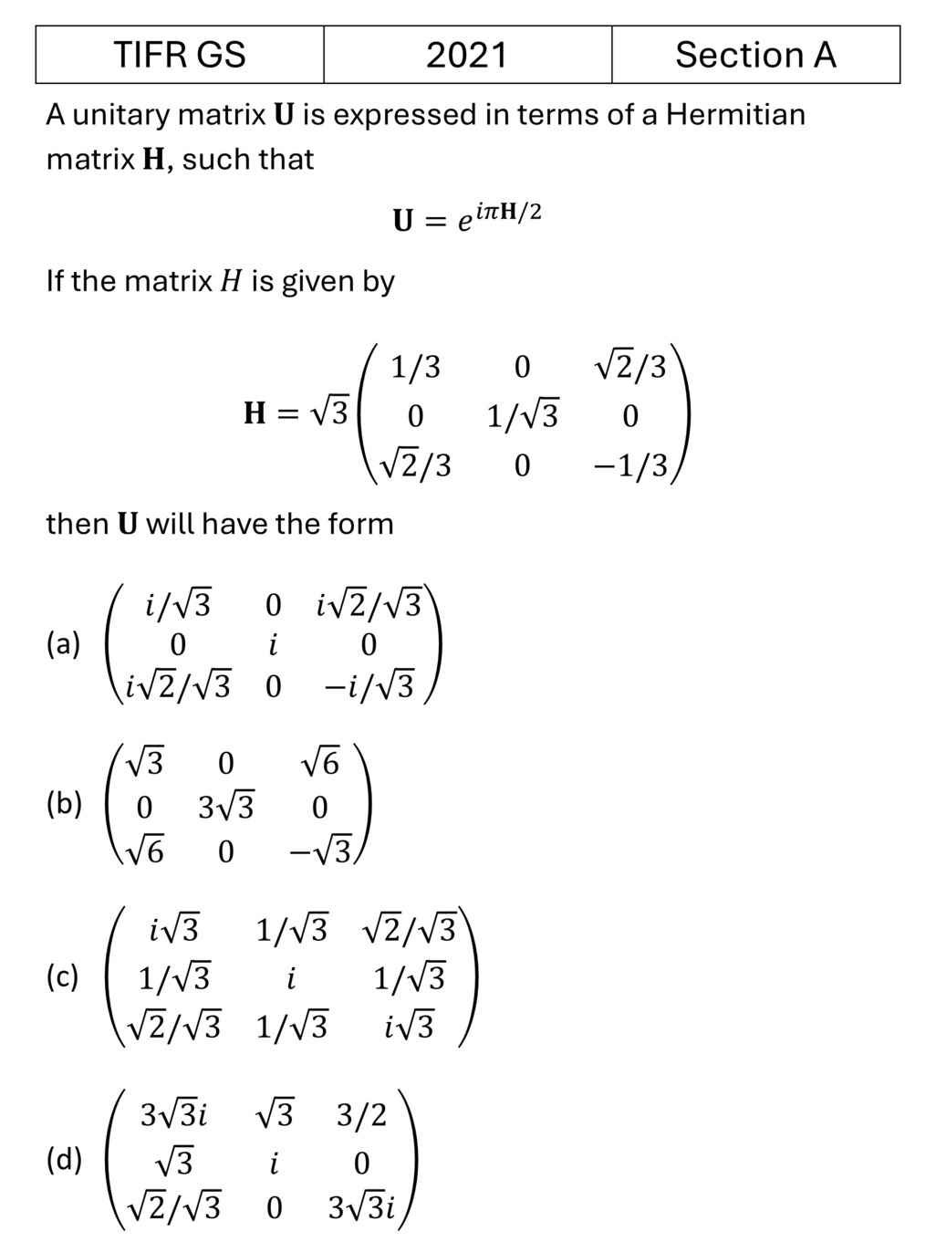 TIFR 2021 A Matrices previous year question TIFR_2021_A_Q3