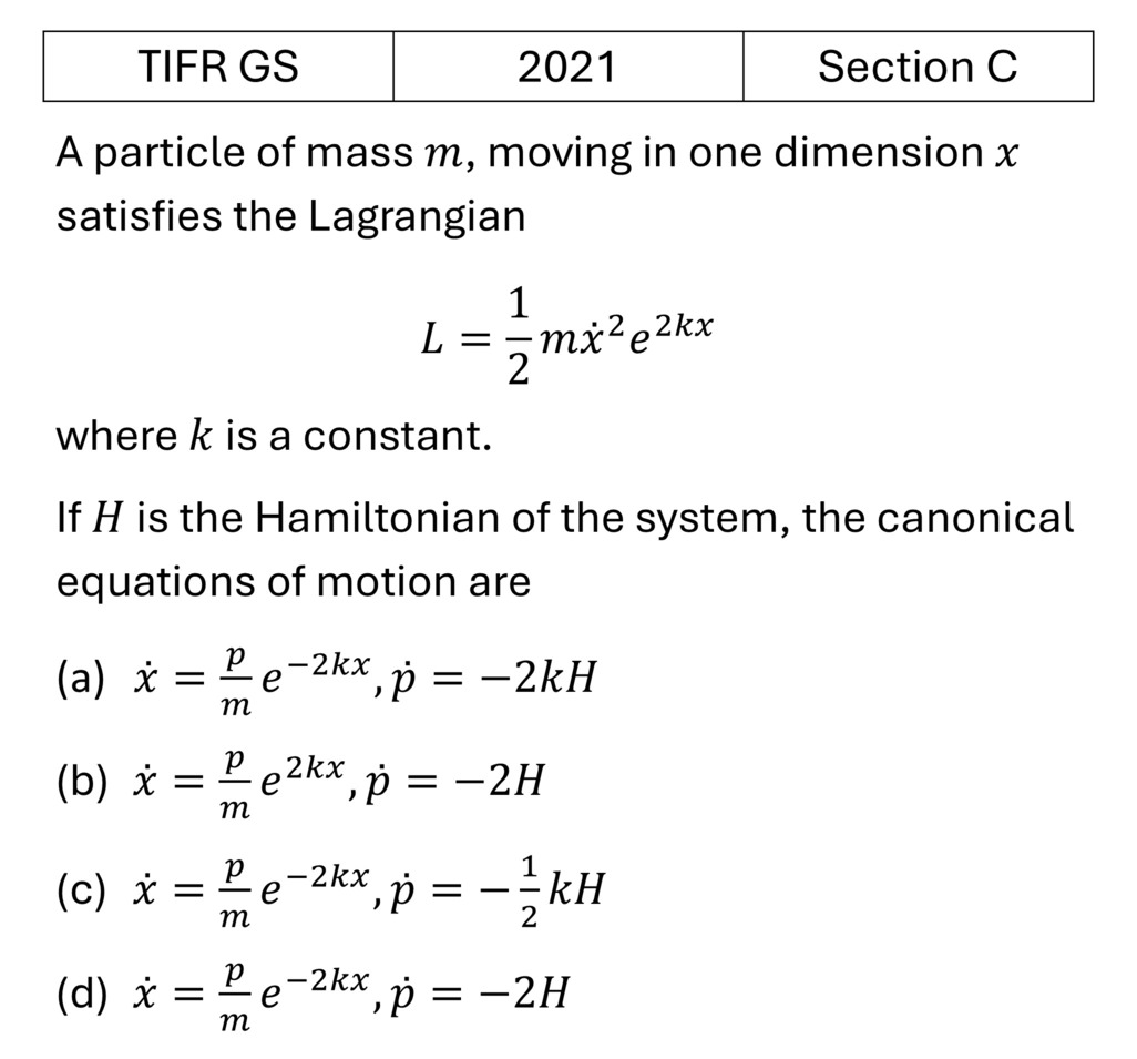 TIFR 2021 C Lagrangian and Hamiltonian previous year question TIFR_2021_C_Q3