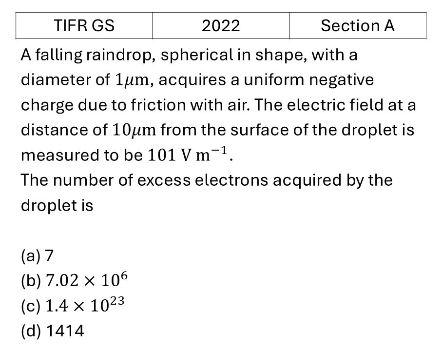 TIFR 2022 A Electrostatics previous year question TIFR_2022_A_Q10