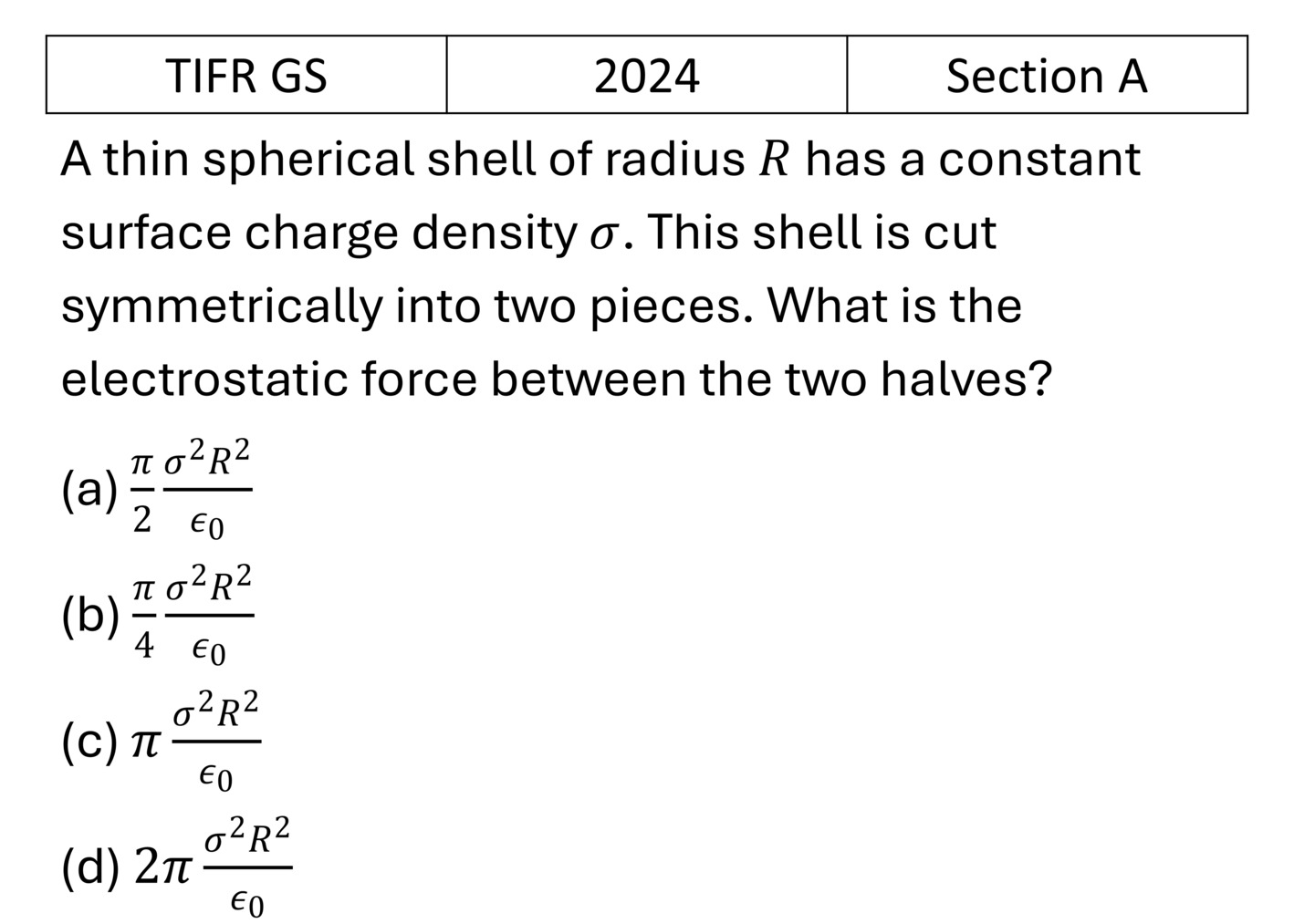TIFR 2024 A Electrostatics previous year question TIFR_2024_A_Q10