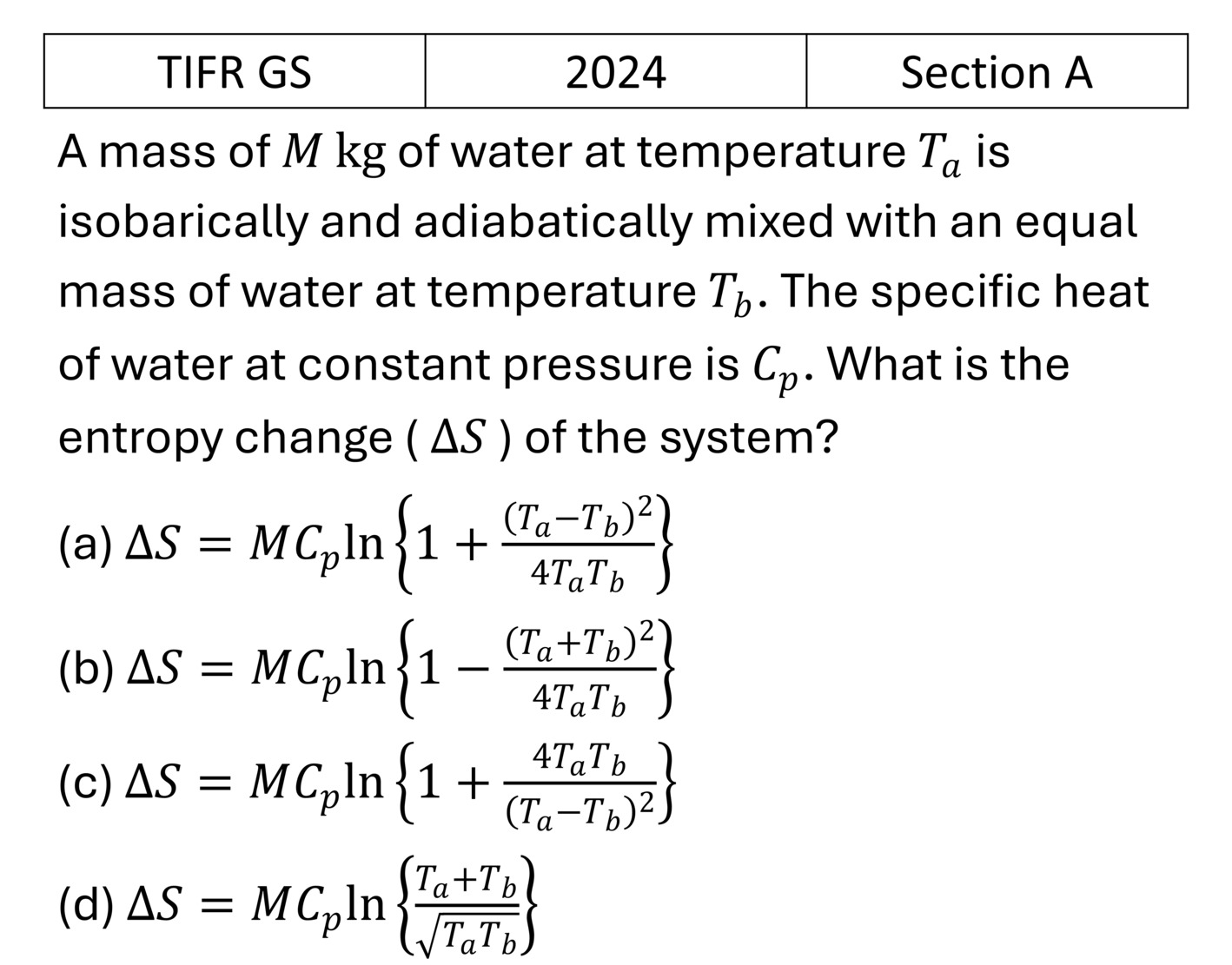 TIFR 2024 A Laws of thermodynamics previous year question TIFR_2024_A_Q13