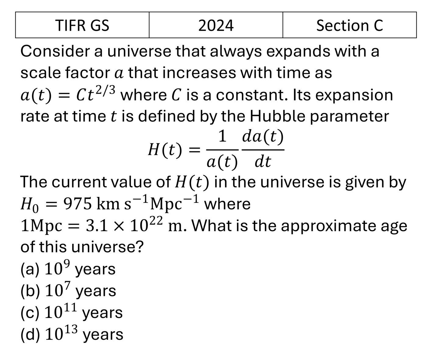 TIFR 2024 C Central Forces, Gravitation and Universe previous year question TIFR_2024_C_Q13