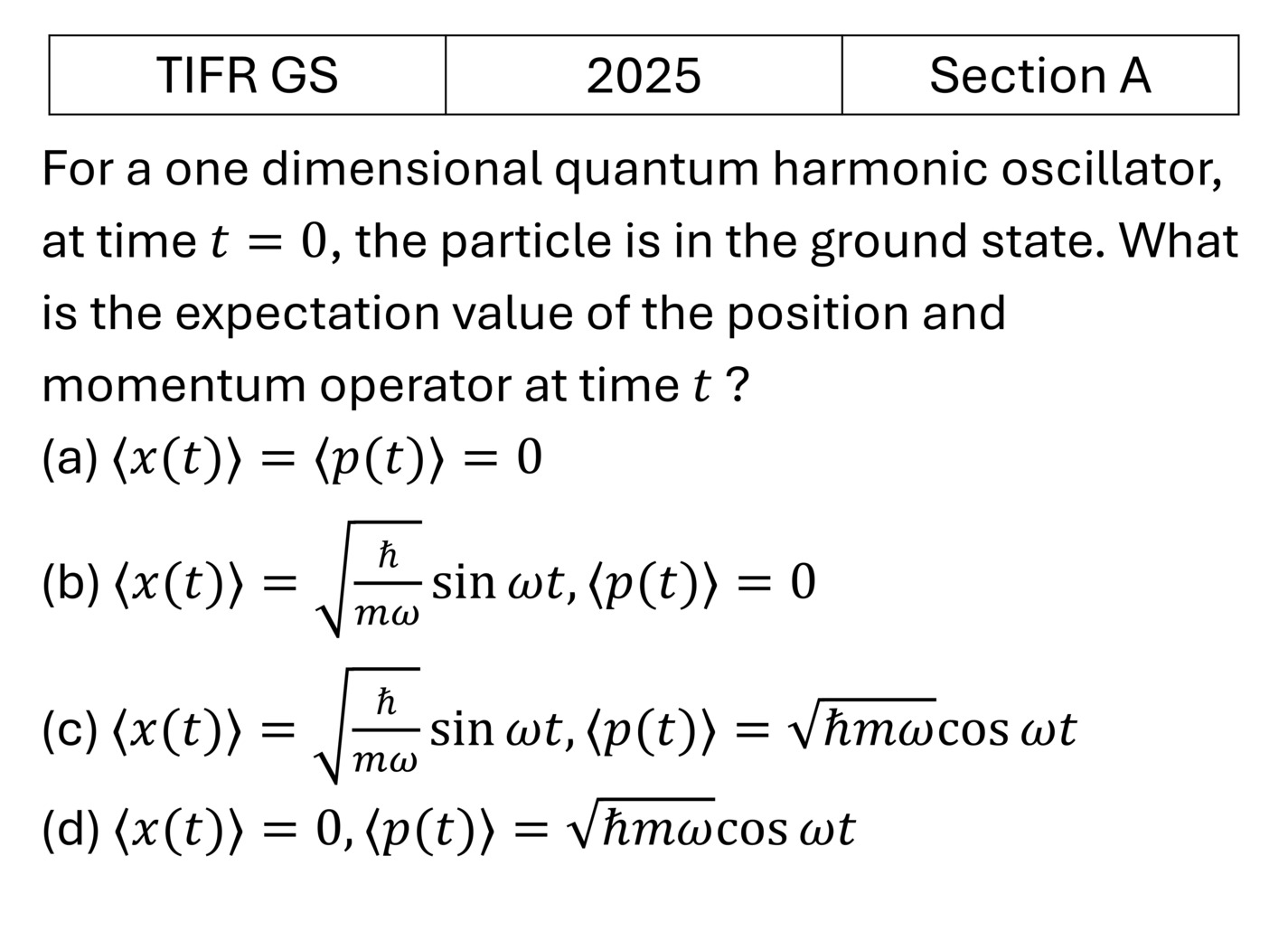 TIFR 2025 A Quantum Harmonic Oscillator previous year question TIFR_2025_A_Q12