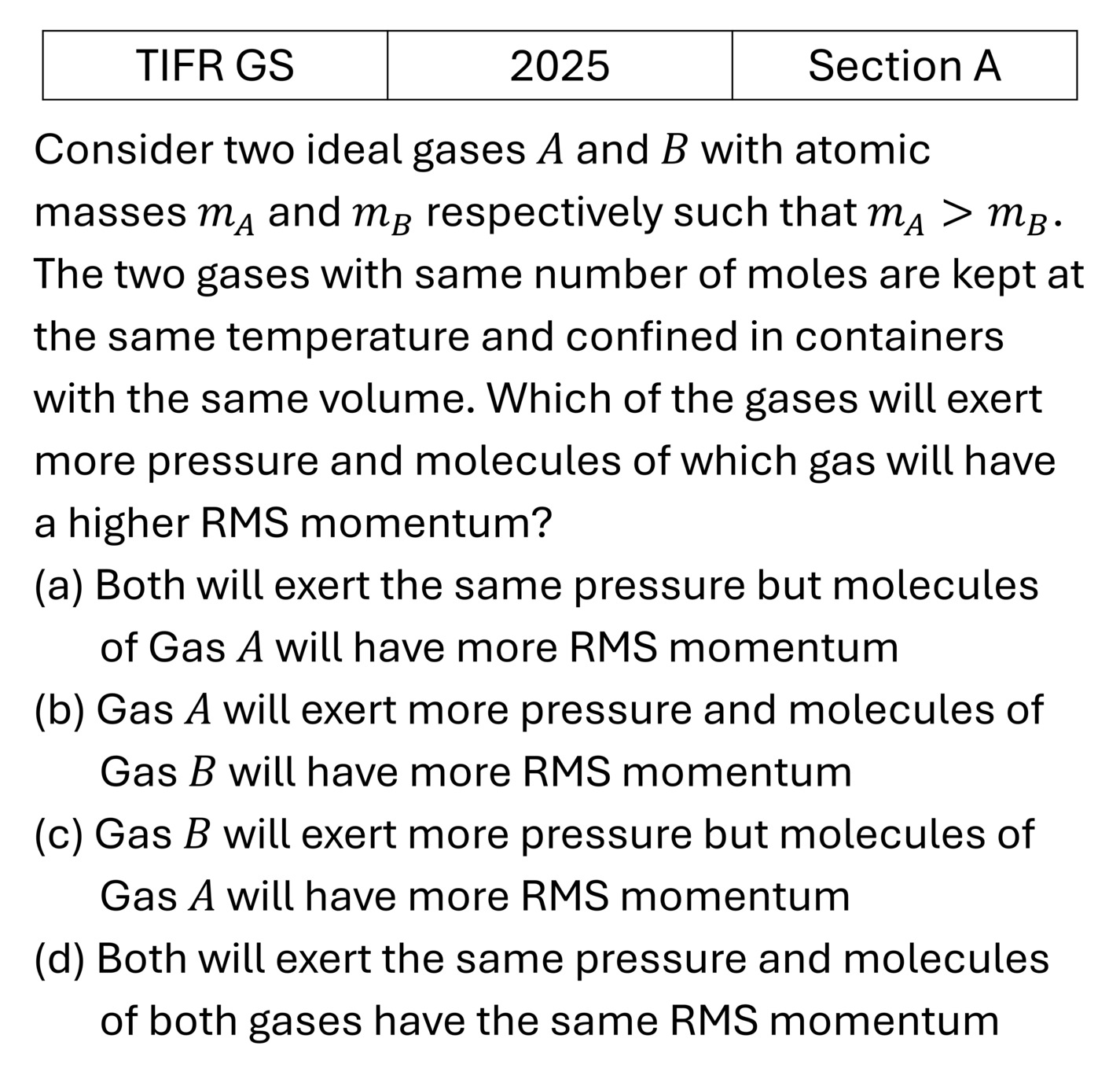 TIFR 2025 A Kinetic theory of gases previous year question TIFR_2025_A_Q13