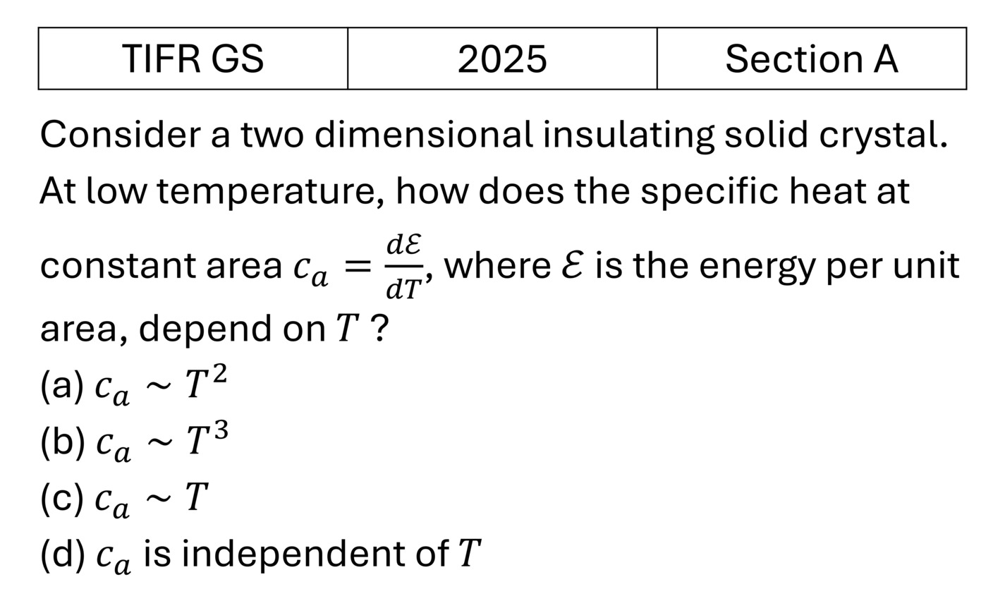 TIFR 2025 A Lattice Vibrations and Thermal Properties previous year question TIFR_2025_A_Q3