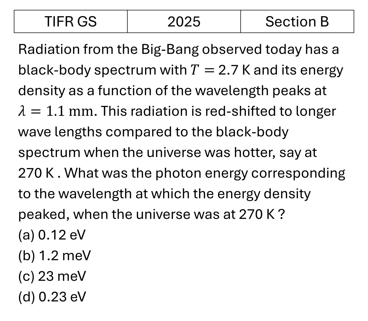 TIFR 2025 B Black Body Radiations previous year question TIFR_2025_B_Q13