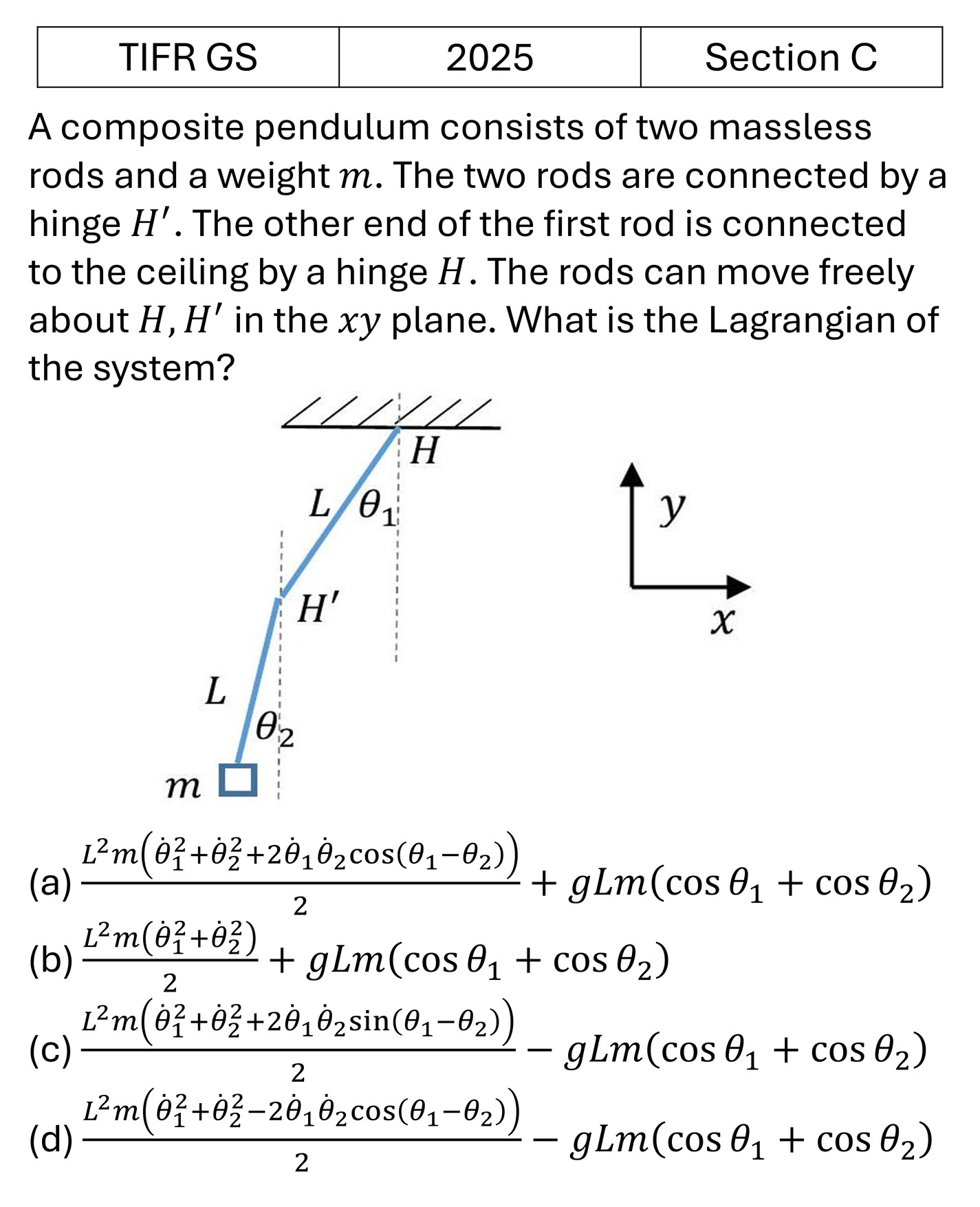 TIFR 2025 C Lagrangian and Hamiltonian previous year question TIFR_2025_C_Q12