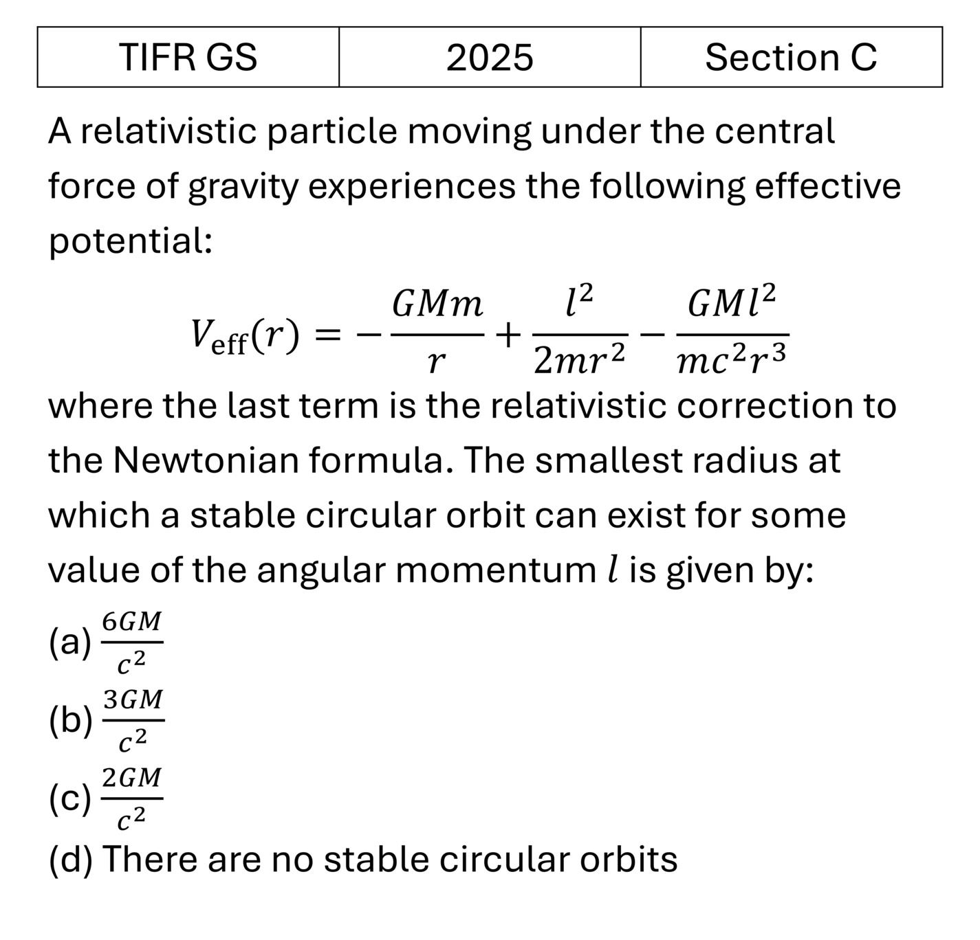 TIFR 2025 C Central Forces, Gravitation and Universe previous year question TIFR_2025_C_Q3