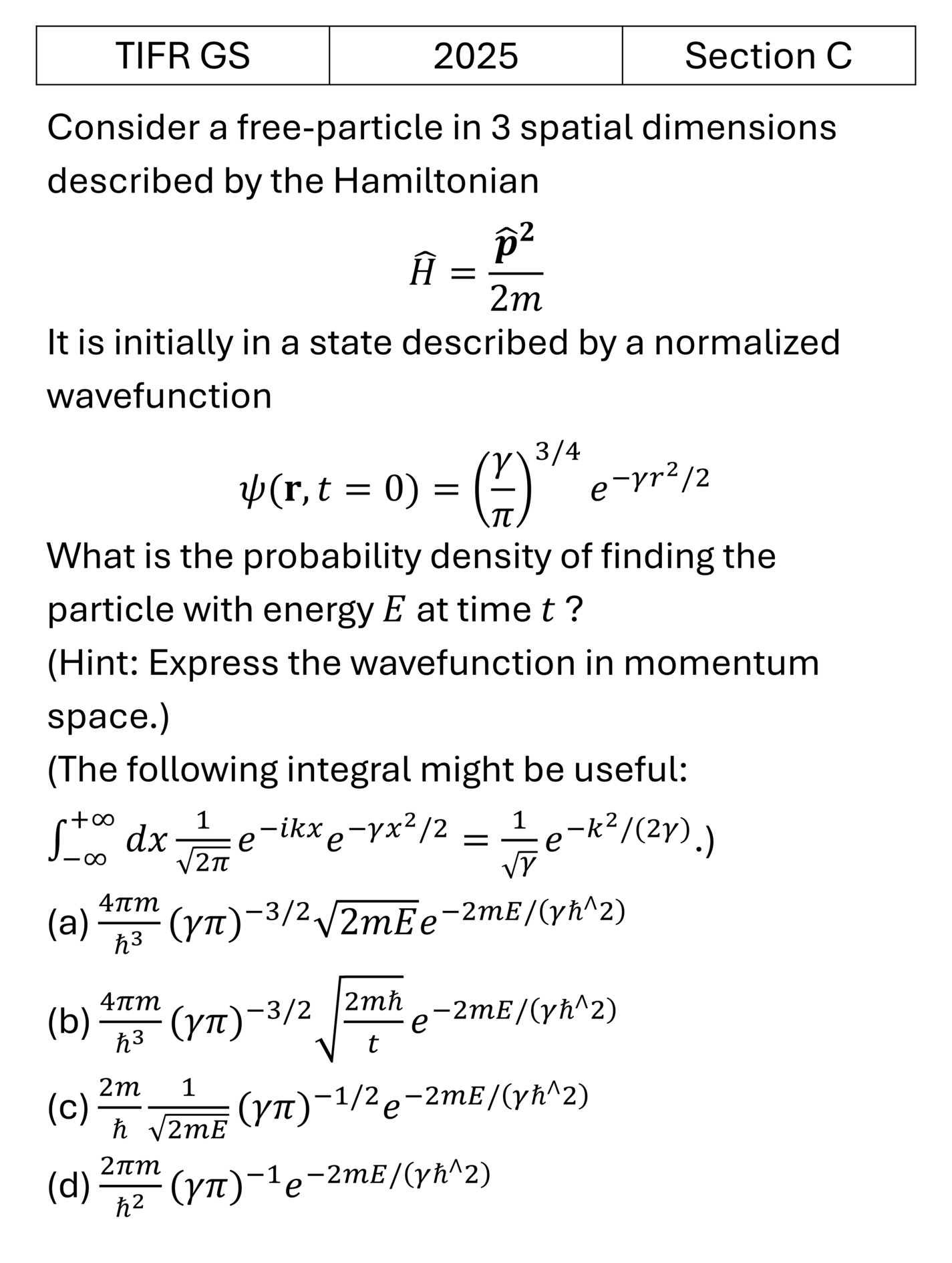 TIFR 2025 C Basic Quantum Mechanics previous year question TIFR_2025_C_Q7